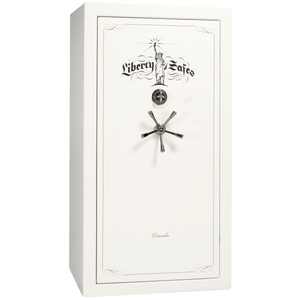 White safe with Liberty Safes logo and design on a white background