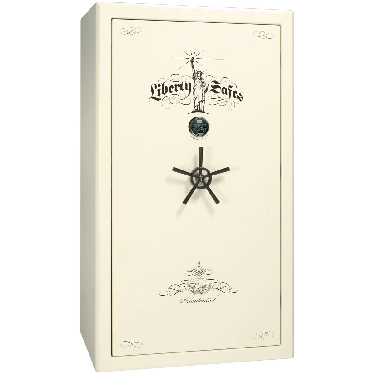 Presidential Series | Level 8 Security | 2.5 Hours Fire Protection | 50 | Dimensions: 72.5"(H) x 42.25"(W) x 27.75"(D*) | White Marble | Black Chrome Hardware | Electronic Lock
