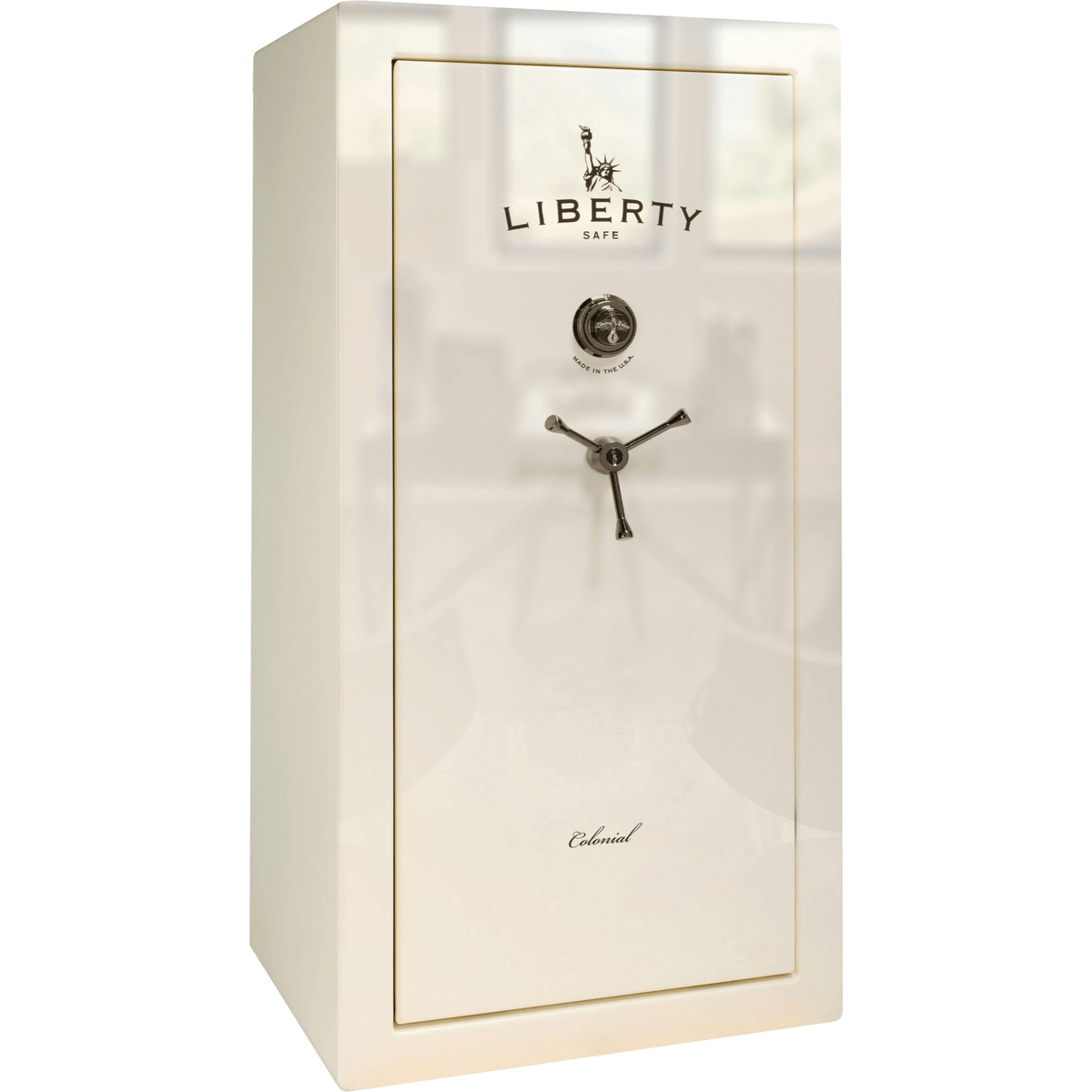 Colonial Series | Level 4 Security | 75 Minute Fire Protection | 23 | DIMENSIONS: 60.5"(H) X 30"(W) X 22"(D*) | White Gloss Black Chrome | Mechanical Lock