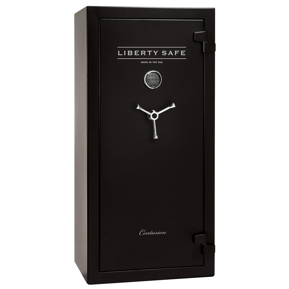 Black Liberty Safe Centurion DLX model with a combination lock and a handle on the front door.