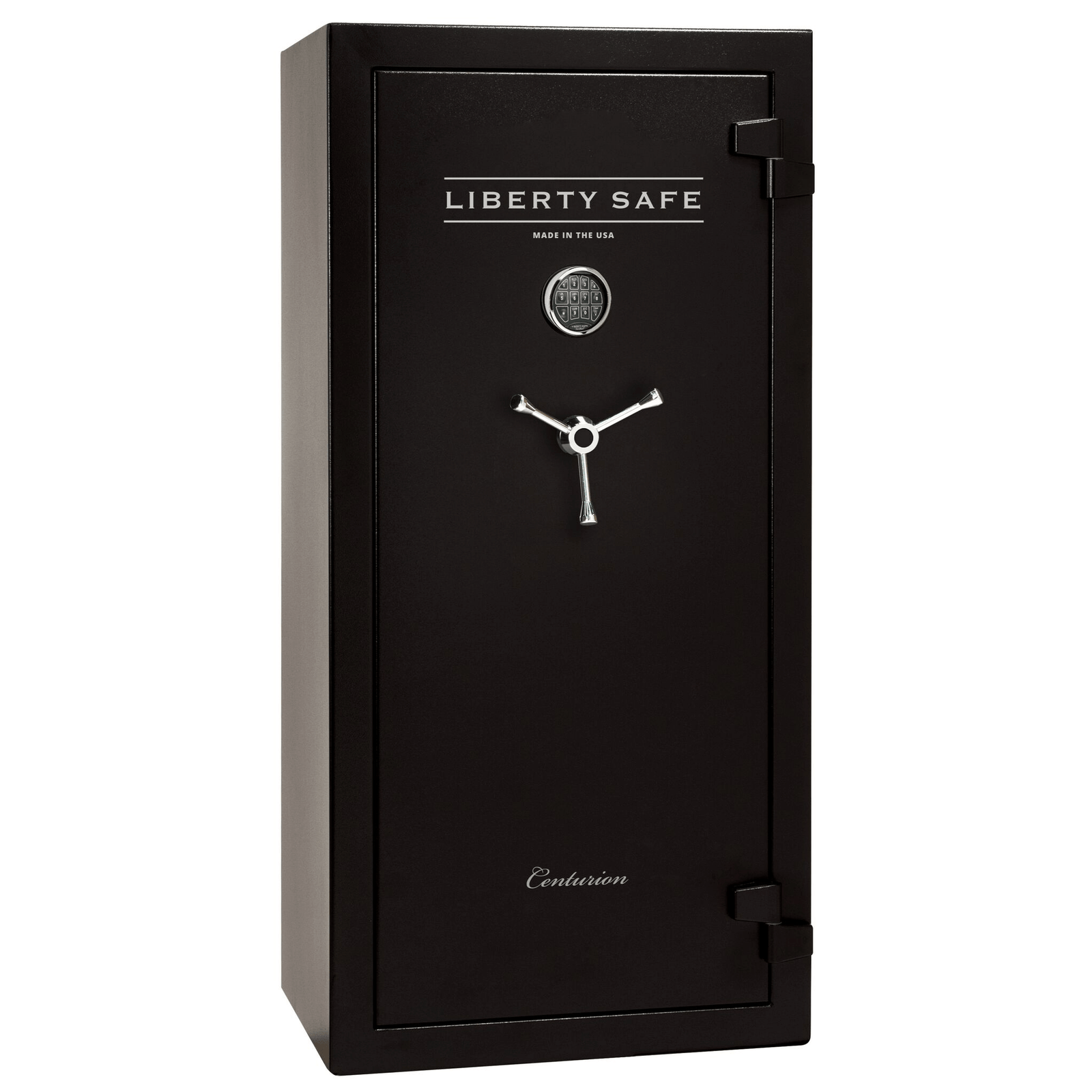 Black Liberty Safe Centurion DLX model with a combination lock and a handle on the front door.