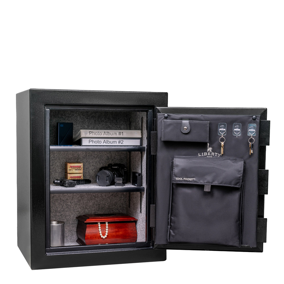 Liberty Home 8 safe, door open, displaying a compact interior with adjustable shelves and door organizer for jewelry, documents, or handguns.