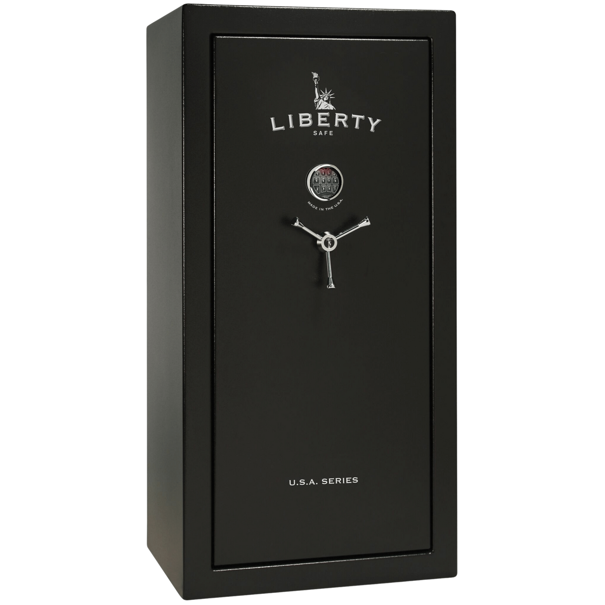 Liberty USA 30 gun safe in black finish, door closed, showcasing a compact yet sturdy design for up to 30 long guns.