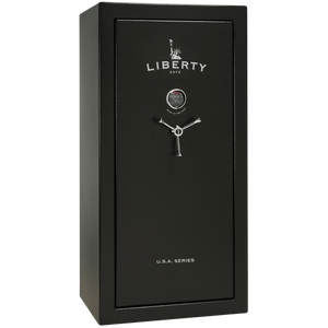 Liberty USA 30 gun safe in black finish, door closed, showcasing a compact yet sturdy design for up to 30 long guns.
