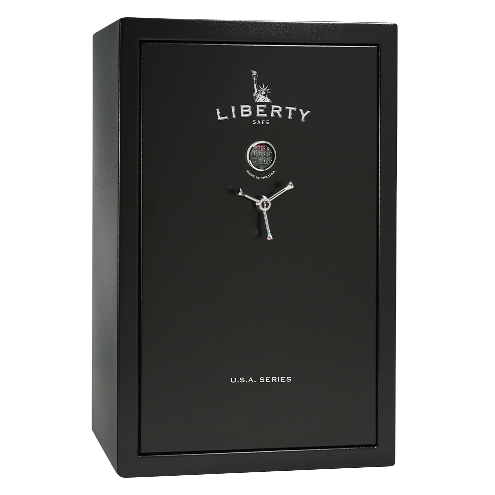 Liberty USA 50 gun safe, door closed, demonstrating the largest model in the series for extensive firearm collections.