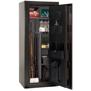 Liberty Safe Centurion 18 gun safe open, revealing a dual-flex interior, door-mounted storage, and a 30-minute fire rating label.