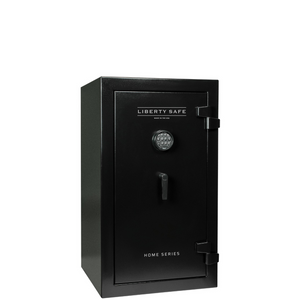 Liberty Home 12 safe in black finish, door closed, showcasing a taller profile and advanced fire protection for personal home security.
