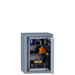 Rhino Longhorn LGX3022 safe in a gray gloss finish, door open, displaying an ultra-flexible interior for storing electronics, documents, and handguns.
