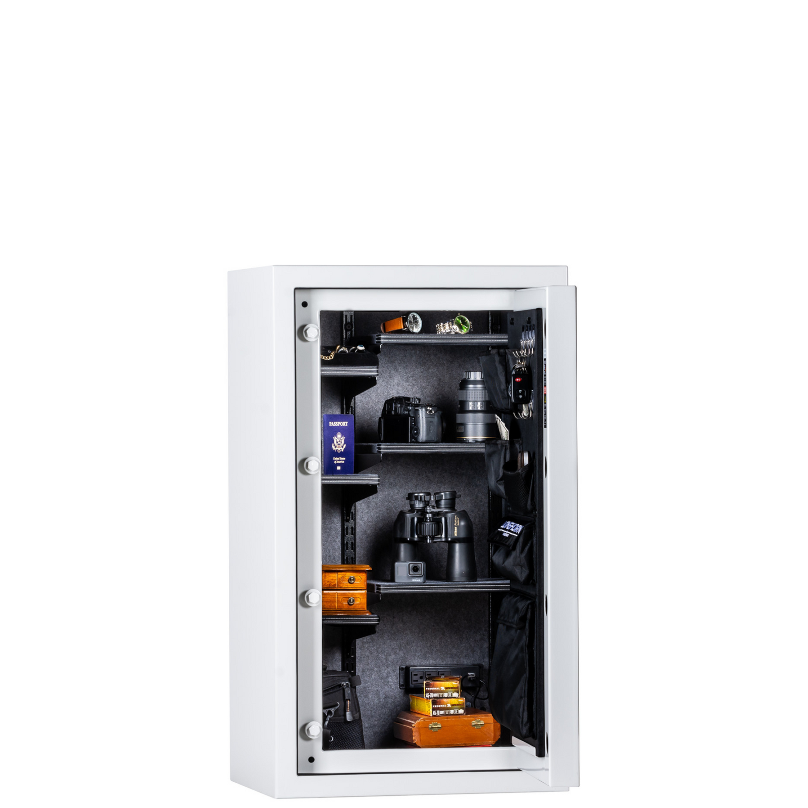 Rhino Longhorn LGX4224 safe in a white gloss finish, door closed, showcasing a sleek home/office safe design with SafeX® anti-pry security.