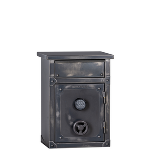 Rhino Longhorn LNX3022 home safe with an antiqued metal finish, door closed, showcasing a taller nightstand-style design for home security.