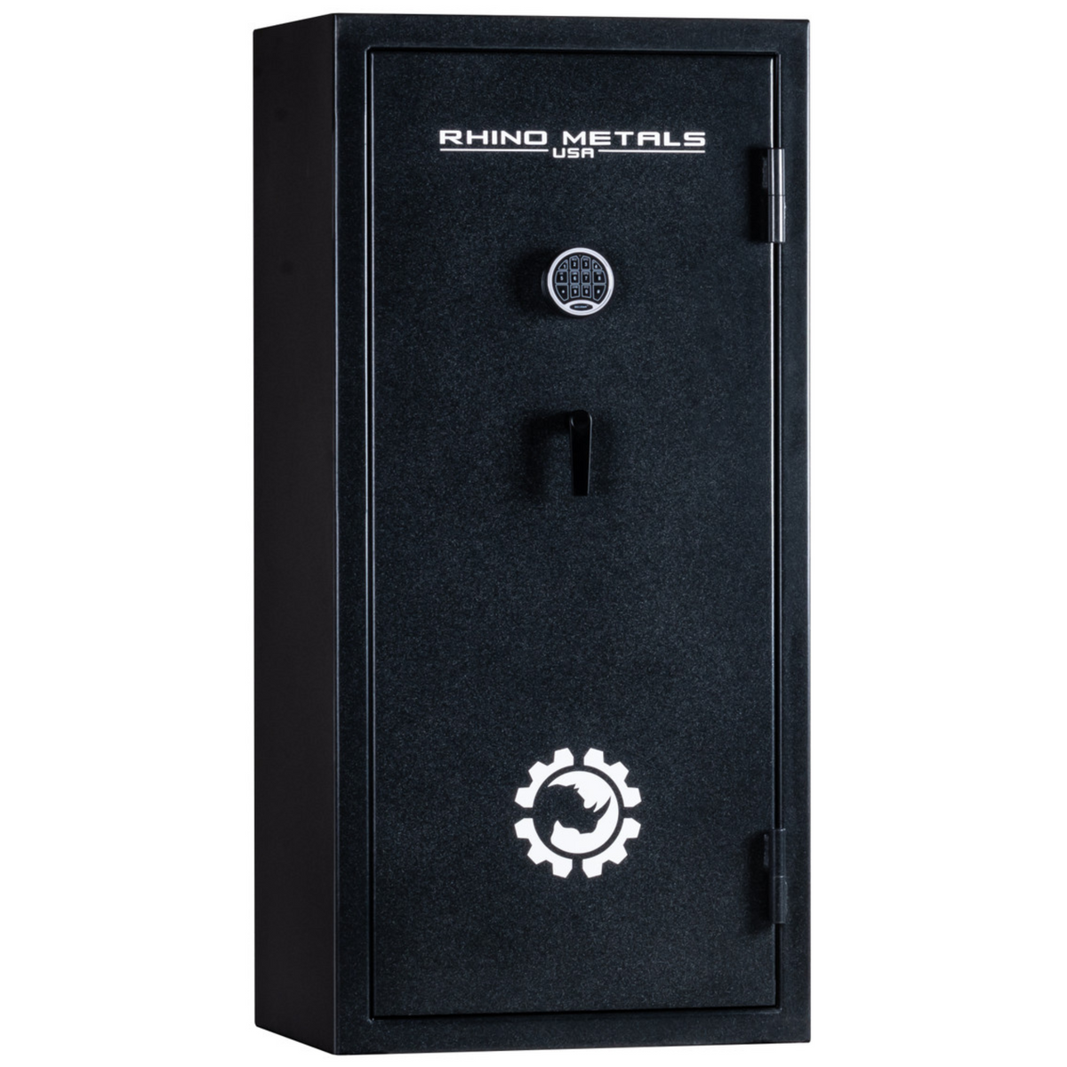 Rhino Metals Falcon 6028 gun safe closed in black textured finish, highlighting 14-gauge steel and SafeX® anti-pry technology.