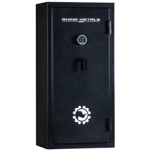 Rhino Metals Falcon 6028 gun safe closed in black textured finish, highlighting 14-gauge steel and SafeX® anti-pry technology.