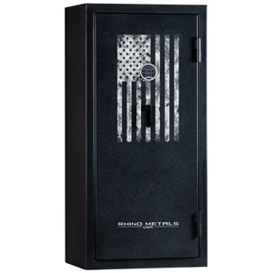Rhino Metals Falcon 6028 gun safe closed with a Distressed Flag design, featuring SafeX® anti-pry and a 40-minute fire rating.