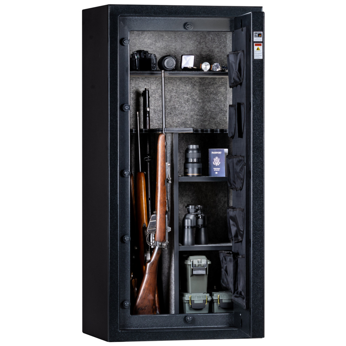 Rhino Metals Falcon 6028 gun safe open, showing a fully upholstered interior with rifle storage and door organizer.