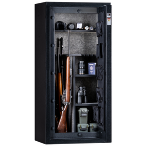 Rhino Metals Falcon 6028 gun safe open, showing a fully upholstered interior with rifle storage and door organizer.