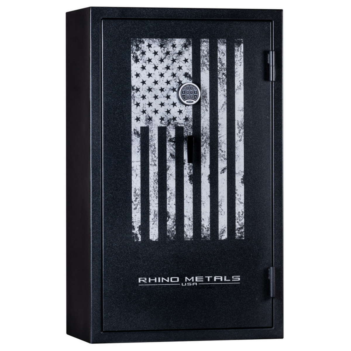 Rhino Metals Falcon 6033 gun safe closed with a Distressed Flag exterior, offering 40-minute fire protection.