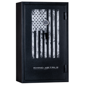 Rhino Metals Falcon 6033 gun safe closed with a Distressed Flag exterior, offering 40-minute fire protection.