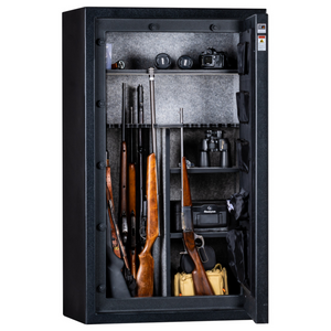 Rhino Metals Falcon 6033 gun safe open, displaying adjustable shelving, door organizer, and a Distressed Flag door.