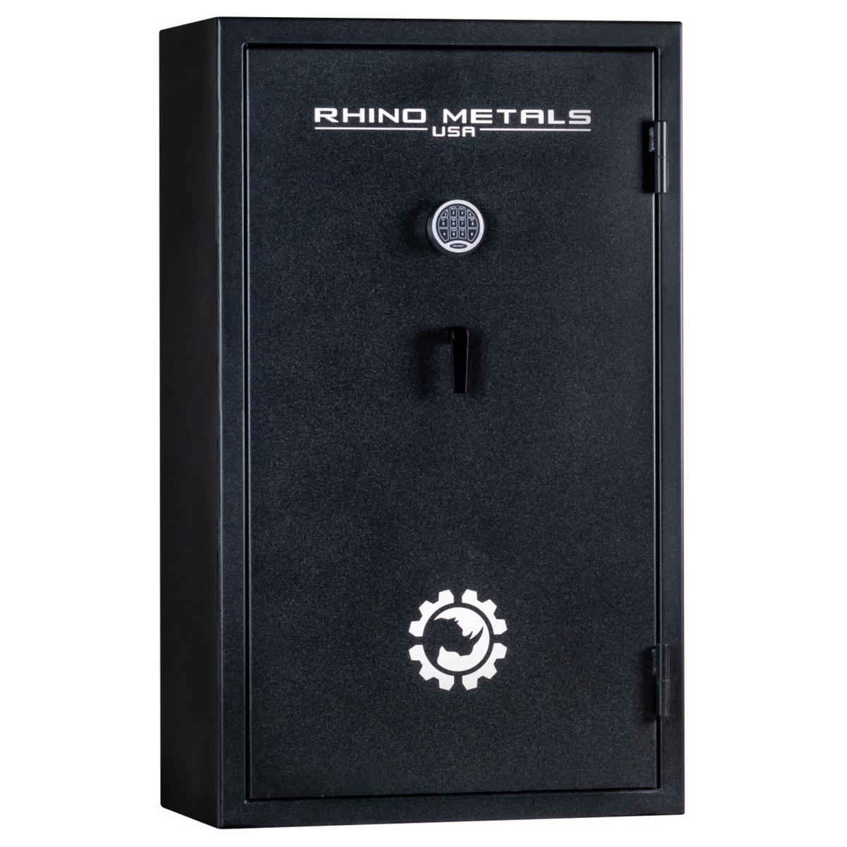 Rhino Metals Falcon 6033 gun safe closed, black powder-coat finish, featuring CA DOJ compliance and SafeX® anti-pry system.