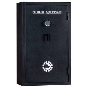 Rhino Metals Falcon 6036 gun safe closed, black textured exterior with SafeX® anti-pry security and 40-minute fire rating.