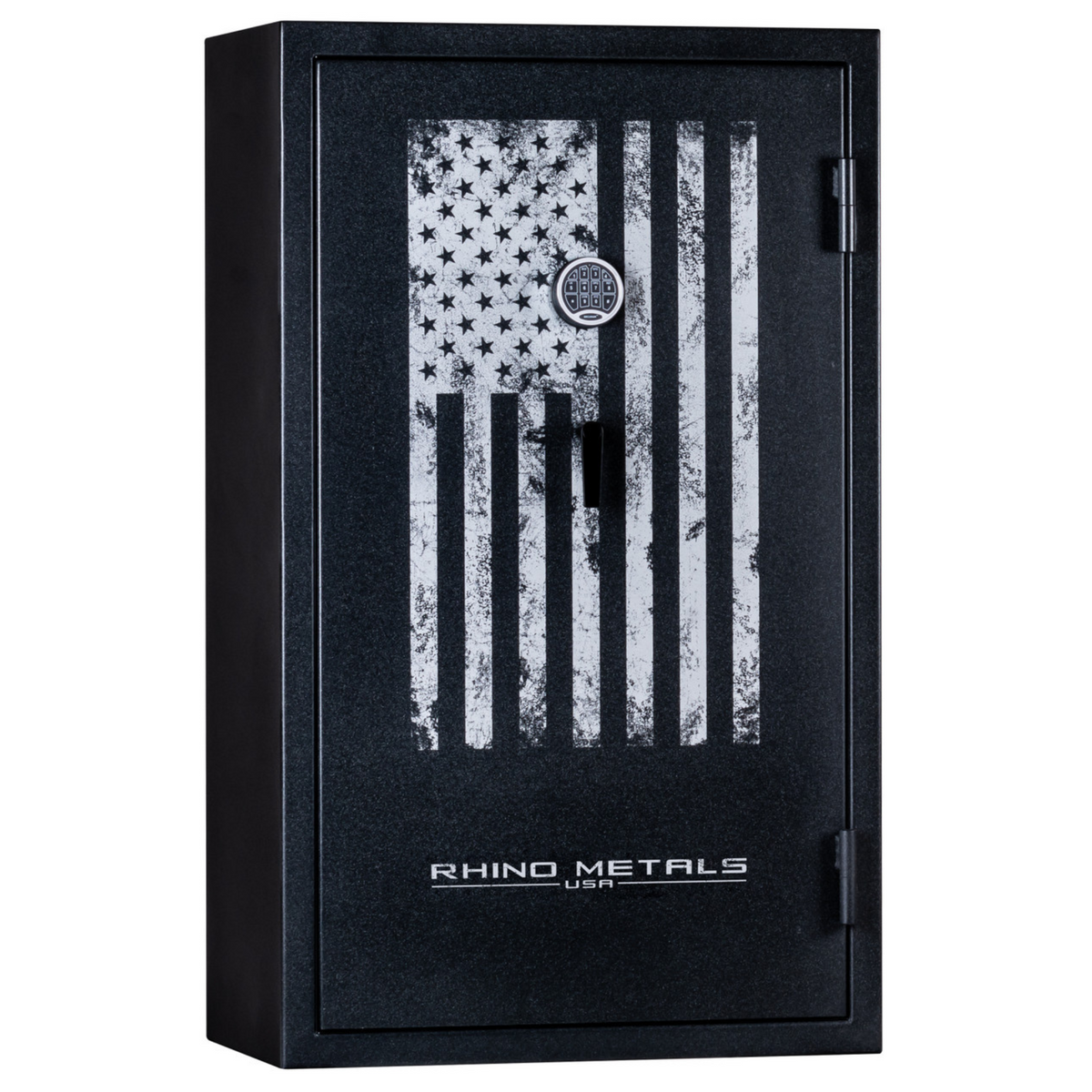 Rhino Metals Falcon 6036 gun safe closed with a Distressed Flag door, offering essential burglary and fire protection.
