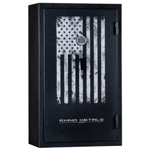 Rhino Metals Falcon 6036 gun safe closed with a Distressed Flag door, offering essential burglary and fire protection.