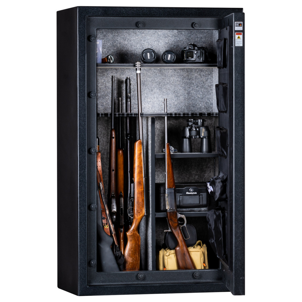 Rhino Metals Falcon 6033 gun safe open, revealing deluxe interior storage for firearms and valuables.