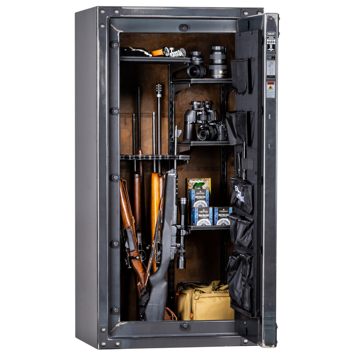 Rhino Metals Raptor 6030 gun safe with door open, showing adjustable interior and secure rifle storage.