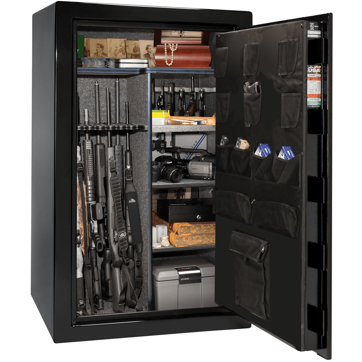 Liberty USA 36 gun safe, door open, displaying adjustable shelving and ample space for guns, ammo, and accessories.