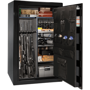 Liberty USA 36 gun safe, door open, displaying adjustable shelving and ample space for guns, ammo, and accessories.