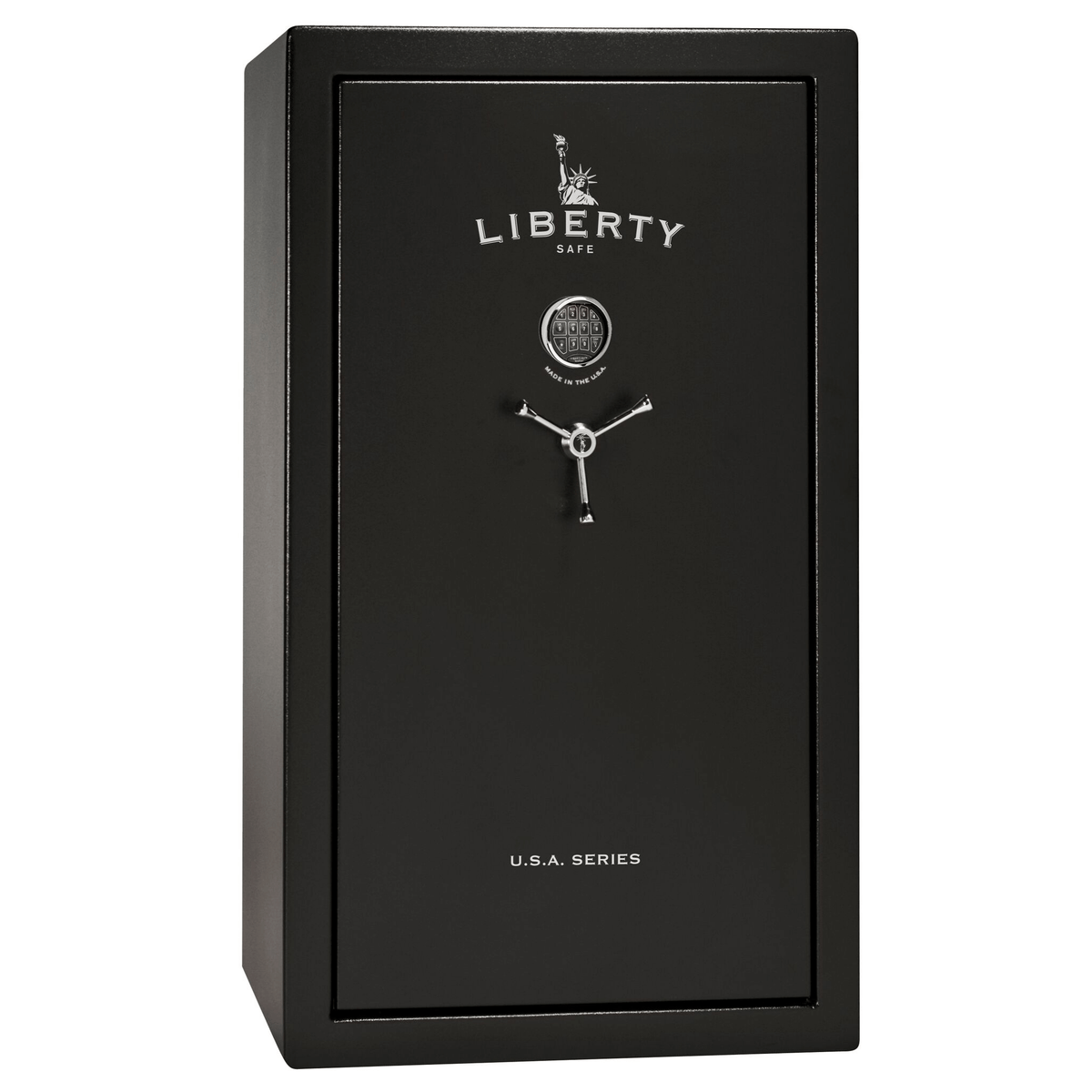 Liberty USA 36 gun safe, door closed, highlighting a mid-sized, level 3 security safe for larger firearm collections.