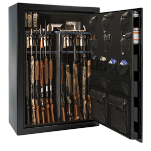 Liberty USA 48 gun safe, door open, showcasing a wide interior setup for multiple rifles, handguns, and valuables.