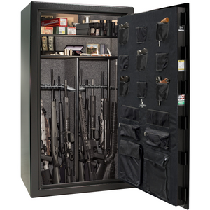 Liberty USA 50 gun safe, door open, revealing a spacious interior and door panel pockets for storing up to 50 long guns and gear.